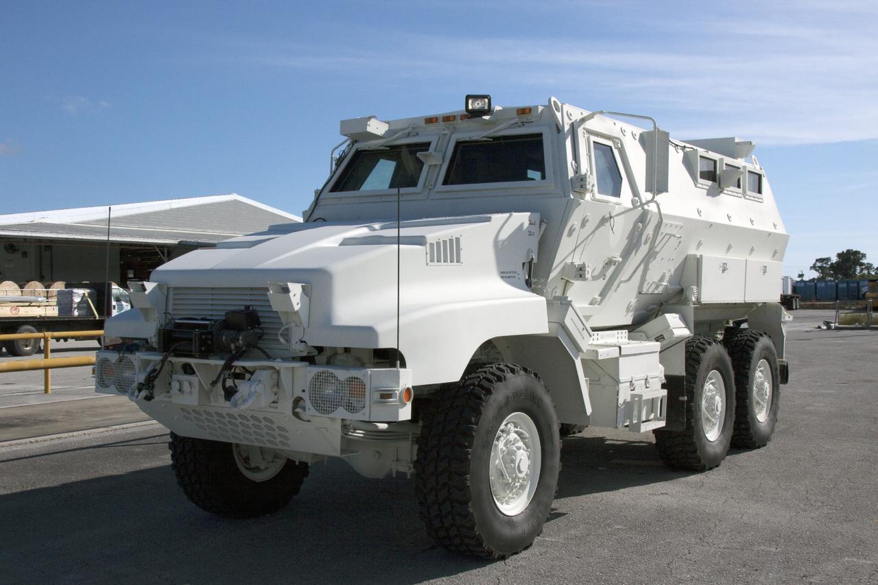 CAPE CANAVERAL, Fla. -- The first of four new emergency egress vehicles, called Mine-Resistant Ambush-Protection, or MRAP, vehicles arrived at Kennedy Space Center in Florida from the U.S. Army Red River Depot in Texarkana, Texas. Each vehicle will be processed in and then transported to the Rotation, Processing and Surge Facility near the Vehicle Assembly Building for temporary storage. The Ground Systems Development and Operations Program at Kennedy led the efforts to an emergency egress vehicle that future astronauts could quickly use to leave the Launch Complex 39 area in case of an emergency. During crewed launches of NASA’s Space Launch System and Orion spacecraft, the MRAP will be stationed by the slidewire termination area at the pad. In case of an emergency, the crew will ride a slidewire to the ground and immediately board the MRAP for safe egress from the pad. The new vehicles replace the M-113 vehicles that were used during the Space Shuttle Program. Photo credit: NASA/Jim Grossmann