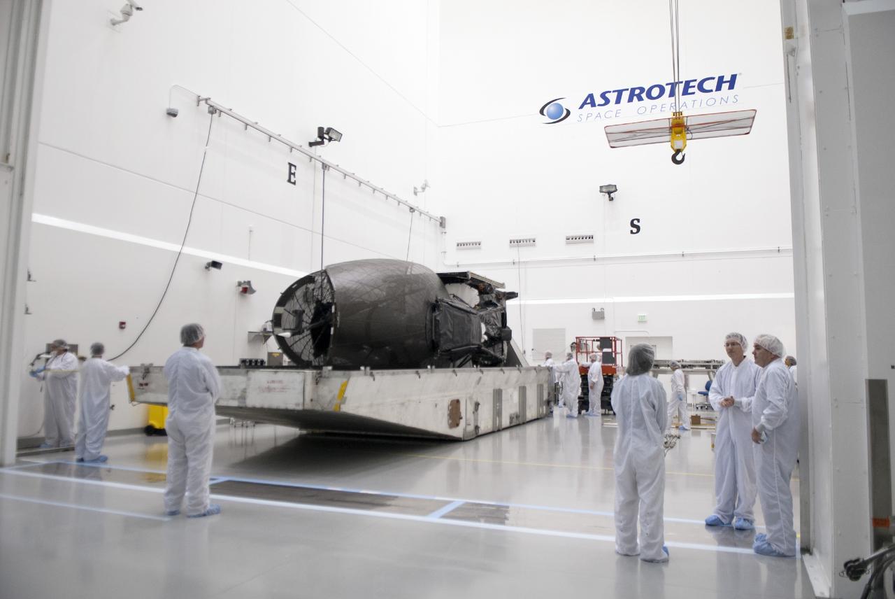 CAPE CANAVERAL, Fla. – NASA's TDRS-L satellite awaits lifting inside the high bay at the Astrotech payload processing facility in Titusville. The TDRS is the latest spacecraft destined for the agency's constellation of communications satellites that allows nearly continuous contact with orbiting spacecraft ranging from the International Space Station and Hubble Space Telescope to the array of scientific observatories. Photo credit: NASA/Tim Jacobs
