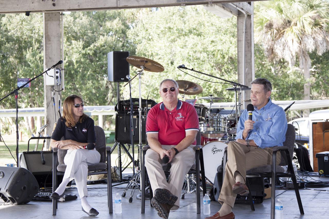 CAPE CANAVERAL, Fla. – At NASA's Kennedy Space Center in Florida, the center's director, Bob Cabana, right, speaks during an employee celebration commemorating the 15th anniversary of the start of assembly of the International Space Station. Cabana served as commander of STS-88, the space shuttle mission that launched the first American-built element of the space station, beginning the effort to construct the orbiting complex. Participating in the presentation, from the left, are STS-88 crew members Nancy Currie, Jerry Ross and Cabana. The Russian Space Agency's Functional Cargo Block, named "Zarya," was launched from the Baikonur Cosmodrome in Kazakhstan on Nov. 20, 1998. Two weeks later, on Dec. 4, 1998, the space shuttle Endeavour lifted off from Kennedy on STS-88 with node 1, called "Unity." In addition to Cabana, Curie and Ross, the crew also included pilot Rick Sturckow, along with mission specialists Jim Newman and Sergei Krikalev, a Russian cosmonaut. For more information, visit: http://www.nasa.gov/mission_pages/station/main/index.html Photo credit: NASA/Jim Grossman
