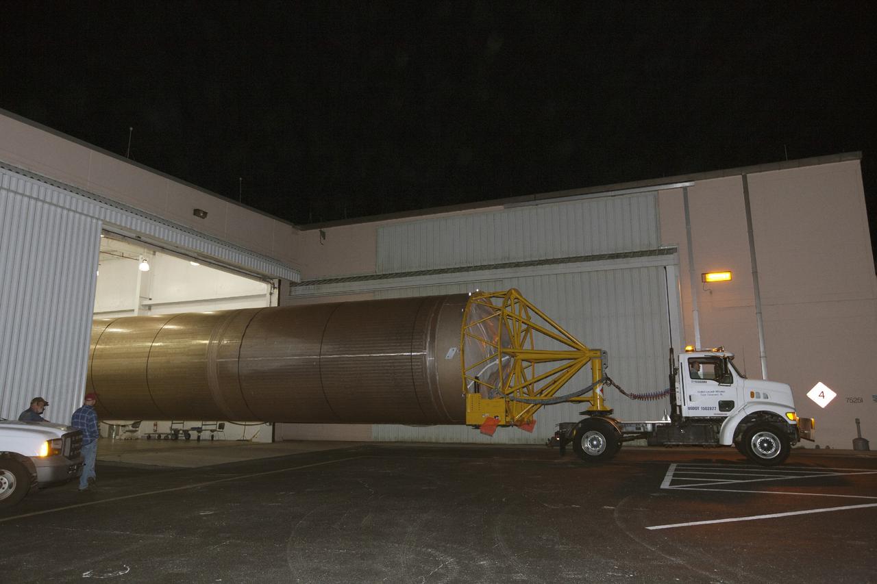 CAPE CANAVERAL, Fla. – The United Launch Alliance Atlas V first stage booster that will boost the Tracking and Data Relay Satellite, or TDRS-L, spacecraft into orbit is being transported from the hangar at the Atlas Spaceflight Operations Center on Cape Canaveral Air Force Station to Launch Complex 41. TDRS-L is the second of three next-generation satellites designed to ensure vital operational continuity for the NASA Space Network. It is scheduled to launch from Cape Canaveral's Space Launch Complex 41 atop an Atlas V rocket in January 2014. The current Tracking and Data Relay Satellite system consists of eight in-orbit satellites distributed to provide near continuous information relay service to missions such as the Hubble Space Telescope and International Space Station. For more information, visit: http://www.nasa.gov/content/tracking-and-data-relay-satellite-tdrs/ Photo credit: NASA/Kim Shiflett