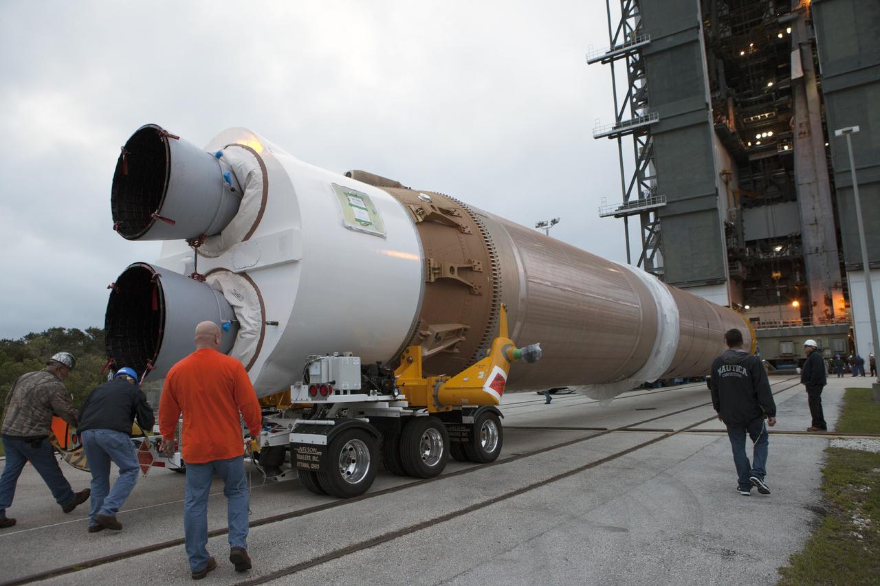 CAPE CANAVERAL, Fla. – The United Launch Alliance Atlas V first stage booster that will boost the Tracking and Data Relay Satellite, or TDRS-L, spacecraft into orbit arrives at Cape Canaveral Air Force Station's Launch Complex 41. TDRS-L is the second of three next-generation satellites designed to ensure vital operational continuity for the NASA Space Network. It is scheduled to launch from Cape Canaveral's Space Launch Complex 41 atop an Atlas V rocket in January 2014. The current Tracking and Data Relay Satellite system consists of eight in-orbit satellites distributed to provide near continuous information relay service to missions such as the Hubble Space Telescope and International Space Station. For more information, visit: http://www.nasa.gov/content/tracking-and-data-relay-satellite-tdrs/ Photo credit: NASA/Kim Shiflett