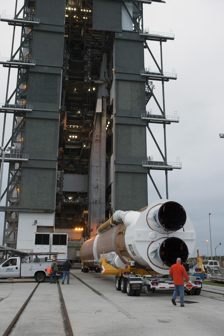 CAPE CANAVERAL, Fla. – The United Launch Alliance Atlas V first stage booster that will boost the Tracking and Data Relay Satellite, or TDRS-L, spacecraft into orbit arrives at Cape Canaveral Air Force Station's Launch Complex 41. TDRS-L is the second of three next-generation satellites designed to ensure vital operational continuity for the NASA Space Network. It is scheduled to launch from Cape Canaveral's Space Launch Complex 41 atop an Atlas V rocket in January 2014. The current Tracking and Data Relay Satellite system consists of eight in-orbit satellites distributed to provide near continuous information relay service to missions such as the Hubble Space Telescope and International Space Station. For more information, visit: http://www.nasa.gov/content/tracking-and-data-relay-satellite-tdrs/ Photo credit: NASA/Kim Shiflett
