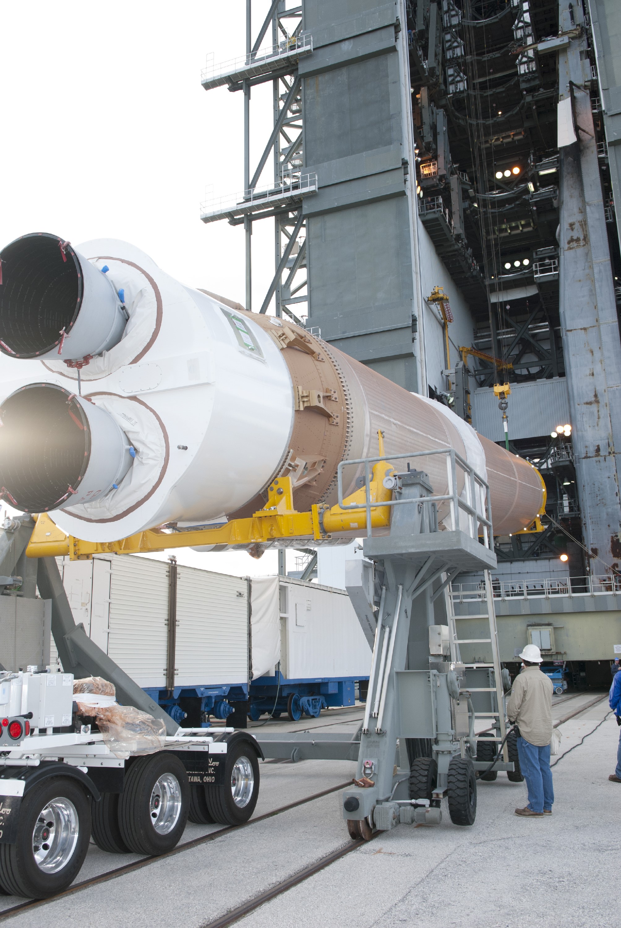 CAPE CANAVERAL, Fla. – At Cape Canaveral Air Force Station, the first stage of the United Launch Alliance Atlas V rocket is lifted for stacking in the Vertical Integration Facility at Launch Complex 41. The vehicle will be used to boost the Tracking and Data Relay Satellite, or TDRS-L, spacecraft to orbit. TDRS-L is the second of three next-generation satellites designed to ensure vital operational continuity for the NASA Space Network. It is scheduled to launch from Cape Canaveral's Space Launch Complex 41 atop an Atlas V rocket in January 2014. The current Tracking and Data Relay Satellite system consists of eight in-orbit satellites distributed to provide near continuous information relay service to missions such as the Hubble Space Telescope and International Space Station. For more information, visit: http://www.nasa.gov/content/tracking-and-data-relay-satellite-tdrs/ Photo credit: NASA/Charisse Nahser
