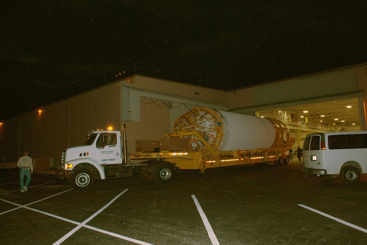 CAPE CANAVERAL, Fla. – The United Launch Alliance Centaur second stage that will help boost the Tracking and Data Relay Satellite, or TDRS-L, spacecraft into orbit is being transported from the hangar at the Atlas Spaceflight Operations Center on Cape Canaveral Air Force Station to Launch Complex 41. TDRS-L is the second of three next-generation satellites designed to ensure vital operational continuity for the NASA Space Network. It is scheduled to launch from Cape Canaveral's Space Launch Complex 41 atop an Atlas V rocket in January 2014. The current Tracking and Data Relay Satellite system consists of eight in-orbit satellites distributed to provide near continuous information relay service to missions such as the Hubble Space Telescope and International Space Station. For more information, visit: http://www.nasa.gov/content/tracking-and-data-relay-satellite-tdrs/ Photo credit: NASA/Charisse Nahser