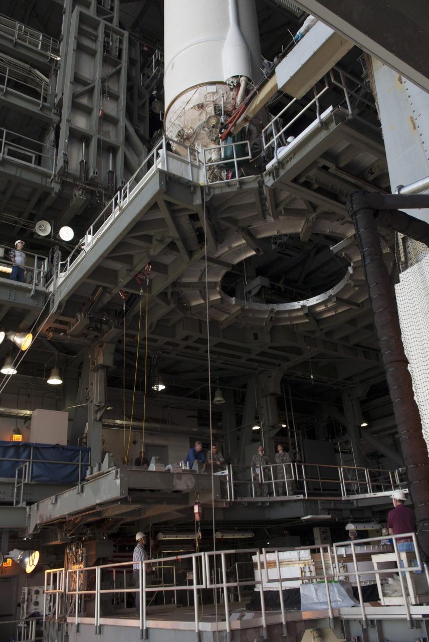 CAPE CANAVERAL, Fla. – At Cape Canaveral Air Force Station's Launch Complex 41, a Centaur second stage is lifted for stacking atop a United Launch Alliance Atlas V rocket that will be used to boost the Tracking and Data Relay Satellite, or TDRS-L, spacecraft to orbit. TDRS-L is the second of three next-generation satellites designed to ensure vital operational continuity for the NASA Space Network. It is scheduled to launch from Cape Canaveral's Space Launch Complex 41 atop an Atlas V rocket in January 2014. The current Tracking and Data Relay Satellite system consists of eight in-orbit satellites distributed to provide near continuous information relay service to missions such as the Hubble Space Telescope and International Space Station. For more information, visit: http://www.nasa.gov/content/tracking-and-data-relay-satellite-tdrs/ Photo credit: NASA/Charisse Nahser