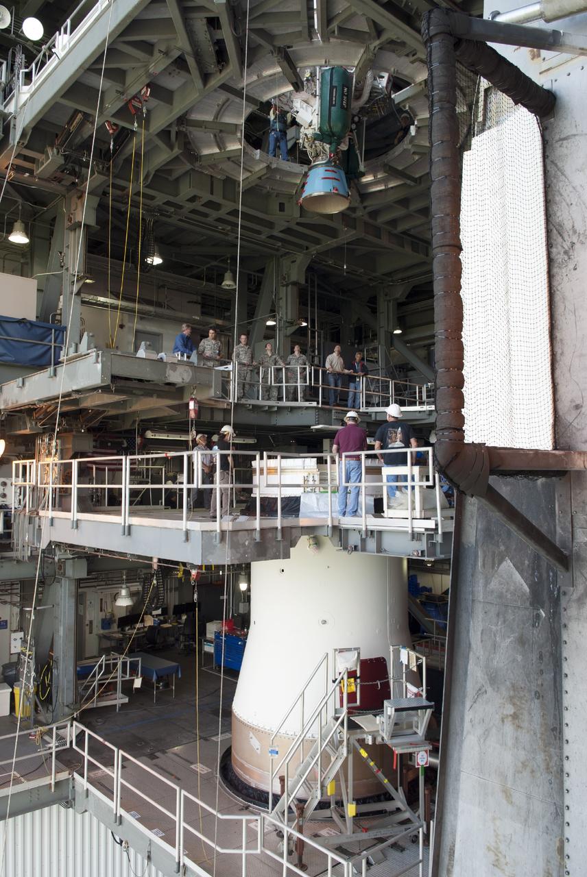 CAPE CANAVERAL, Fla. – At Cape Canaveral Air Force Station's Launch Complex 41, a Centaur second stage is positioned atop a United Launch Alliance Atlas V rocket that will be used to boost the Tracking and Data Relay Satellite, or TDRS-L, spacecraft to orbit. TDRS-L is the second of three next-generation satellites designed to ensure vital operational continuity for the NASA Space Network. It is scheduled to launch from Cape Canaveral's Space Launch Complex 41 atop an Atlas V rocket in January 2014. The current Tracking and Data Relay Satellite system consists of eight in-orbit satellites distributed to provide near continuous information relay service to missions such as the Hubble Space Telescope and International Space Station. For more information, visit: http://www.nasa.gov/content/tracking-and-data-relay-satellite-tdrs/ Photo credit: NASA/Charisse Nahser