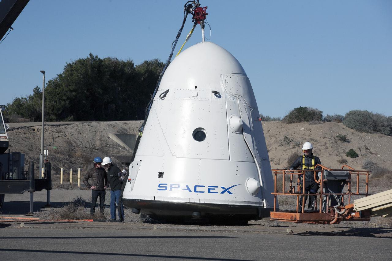 MORRO BAY, Calif. – A SpaceX Dragon test article is seen prior to a test to evaluate its parachute deployment system as part of a milestone under its Commercial Crew Integrated Capability agreement with NASA's Commercial Crew Program. The parachute test took place over the Pacific Ocean, off the coast of Morro Bay, Calif. Photo credit: NASA/Kim Shiflett