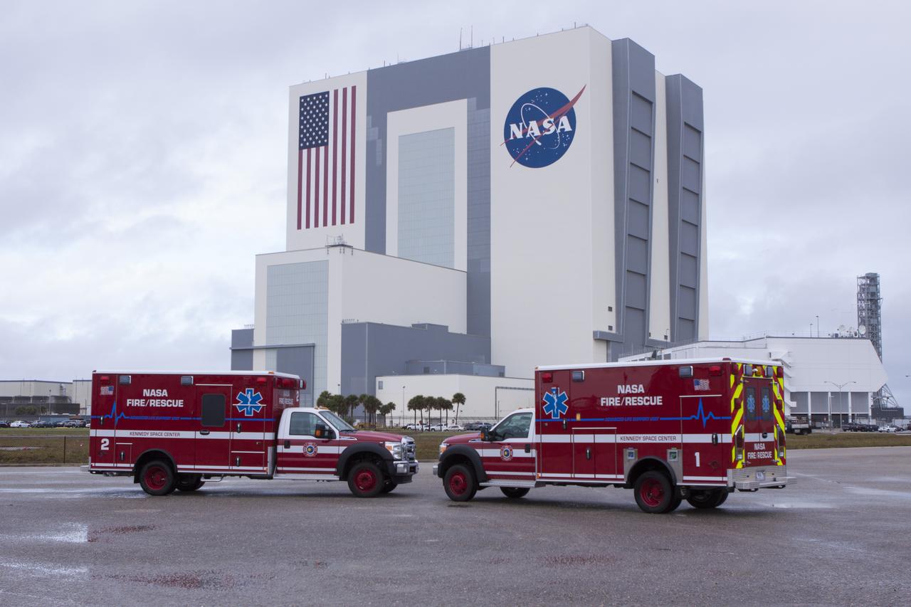 New Fire Department's  Emergency Response Trucks in front of VAB. (Not on web)