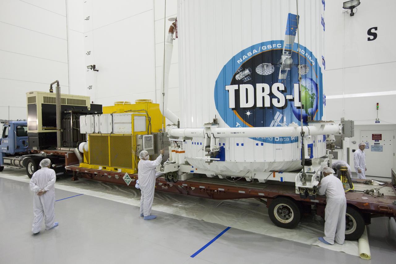 TITUSVILLE, Fla. – Encapsulated in its payload fairing, NASA's Tracking and Data Relay Satellite, or TDRS-L, spacecraft is being mounted on a transporter for its trip from the Astrotech payload processing facility in Titusville to Launch Complex 41 at Cape Canaveral Air Force Station. The TDRS-L satellite will be a part of the second of three next-generation spacecraft designed to ensure vital operational continuity for the NASA Space Network. It is scheduled to launch from Cape Canaveral's Space Launch Complex 41 atop a United Launch Alliance Atlas V rocket on January 23, 2014. The current Tracking and Data Relay Satellite system consists of eight in-orbit satellites distributed to provide near continuous information relay contact with orbiting spacecraft ranging from the International Space Station and Hubble Space Telescope to the array of scientific observatories. For more information, visit: http://www.nasa.gov/mission_pages/tdrs/home/index.html Photo credit: NASA/Kim Shiflett