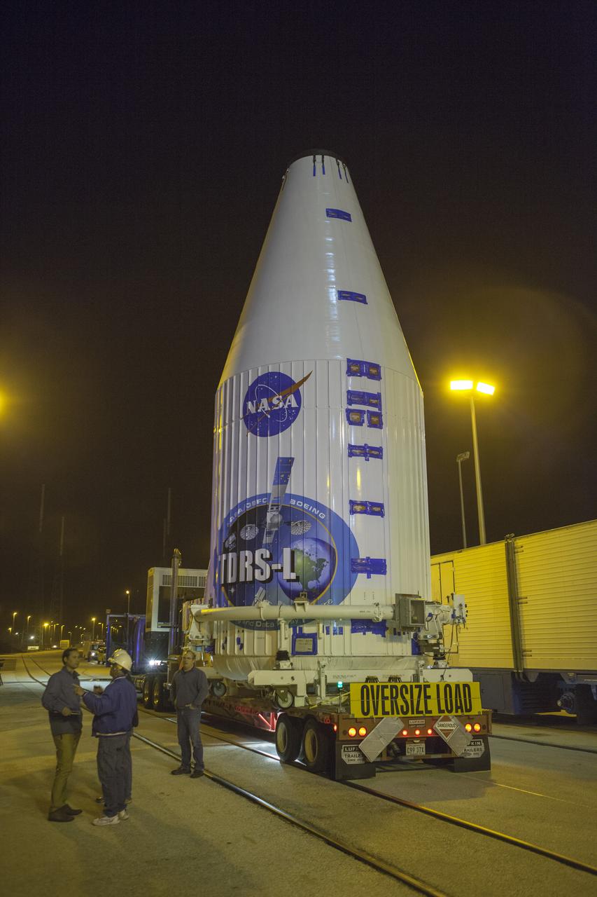 CAPE CANAVERAL, Fla. – Encapsulated in its payload fairing, NASA's Tracking and Data Relay Satellite, or TDRS-L, spacecraft arrives at Cape Canaveral Air Force Station's Vertical Integration Facility at Launch Complex 41. The TDRS-L satellite will be a part of the second of three next-generation spacecraft designed to ensure vital operational continuity for the NASA Space Network. It is scheduled to launch from Cape Canaveral's Space Launch Complex 41 atop a United Launch Alliance Atlas V rocket on January 23, 2014. The current Tracking and Data Relay Satellite system consists of eight in-orbit satellites distributed to provide near continuous information relay contact with orbiting spacecraft ranging from the International Space Station and Hubble Space Telescope to the array of scientific observatories. For more information, visit: http://www.nasa.gov/mission_pages/tdrs/home/index.html Photo credit: NASA/Dimitri Gerondidakis