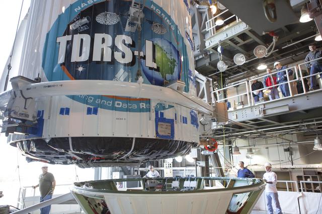 NASA image: TDRS-L spacecraft lift to mate on Atlas V