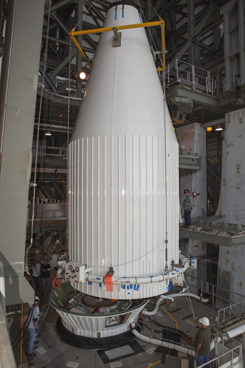 CAPE CANAVERAL, Fla. – At Cape Canaveral Air Force Station's Vertical Integration Facility at Launch Complex 41, NASA's Tracking and Data Relay Satellite, or TDRS-L, spacecraft is moved into position for mating atop a United Launch Alliance Atlas V rocket. The TDRS-L satellite will be a part of the second of three next-generation spacecraft designed to ensure vital operational continuity for the NASA Space Network. It is scheduled to launch from Cape Canaveral's Space Launch Complex 41 atop a United Launch Alliance Atlas V rocket on Jan. 23, 2014. The current Tracking and Data Relay Satellite system consists of eight in-orbit satellites distributed to provide near continuous information relay contact with orbiting spacecraft ranging from the International Space Station and Hubble Space Telescope to the array of scientific observatories. For more information, visit: http://www.nasa.gov/mission_pages/tdrs/home/index.html Photo credit: NASA/Dimitri Gerondidakis