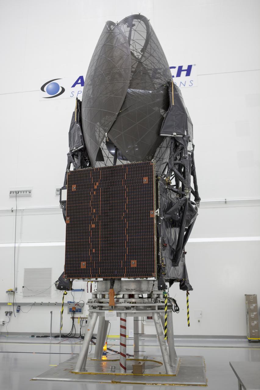 Inside the Astrotech payload processing facility in Titusville, NASA's Tracking and Data Relay Satellite, or TDRS-L, spacecraft is undergoing preflight processing.