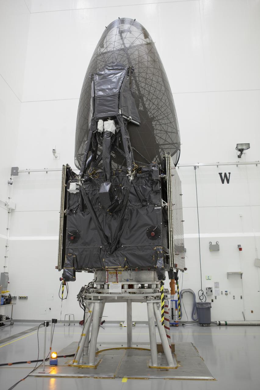 Inside the Astrotech payload processing facility in Titusville, NASA's Tracking and Data Relay Satellite, or TDRS-L, spacecraft is undergoing preflight processing.