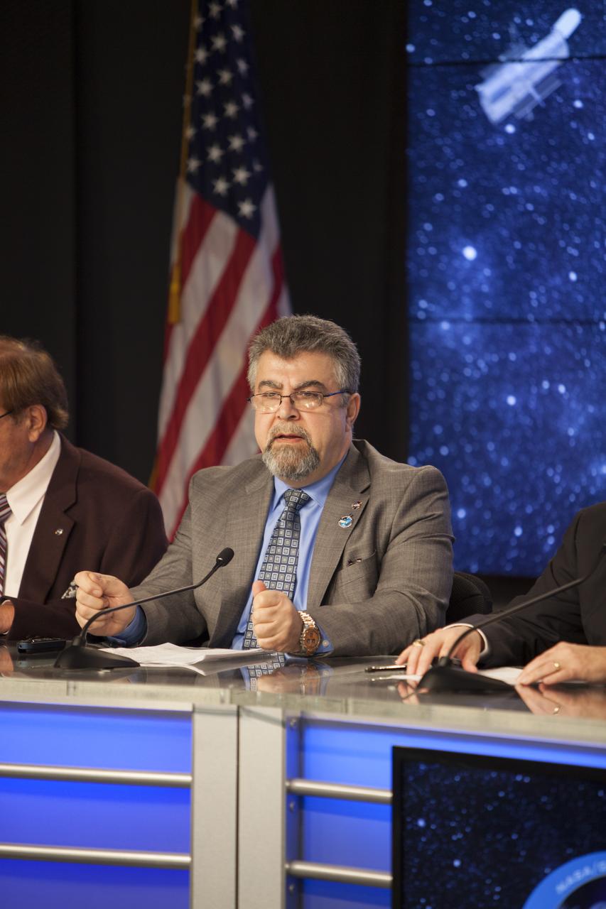 CAPE CANAVERAL, Fla. – During a news conference at NASA's Kennedy Space Center in Florida, agency and contractor officials discussed preparations for the launch of NASA's Tracking and Data Relay Satellite, or TDRS-L, spacecraft. Participants included Badri Younes, deputy associate administrator, Space Communications and Navigation SCaN NASA Human Exploration and Operations Mission Directorate at NASA Headquarters in Washington D.C. The TDRS-L spacecraft is the second of three new satellites designed to ensure vital operational continuity for NASA by expanding the lifespan of the Tracking and Data Relay Satellite System TDRSS fleet, which consists of eight satellites in geosynchronous orbit. The spacecraft provide tracking, telemetry, command and high bandwidth data return services for numerous science and human exploration missions orbiting Earth. These include NASA's Hubble Space Telescope and the International Space Station. TDRS-L has a high-performance solar panel designed for more spacecraft power to meet the growing S-band communications requirements. TDRSS is one of NASA Space Communication and Navigation’s SCaN three networks providing space communications to NASA’s missions. For more information more about TDRS-L, visit: http://www.nasa.gov/tdrs To learn more about SCaN, visit: www.nasa.gov/scan Photo credit: NASA/Frankie Martin
