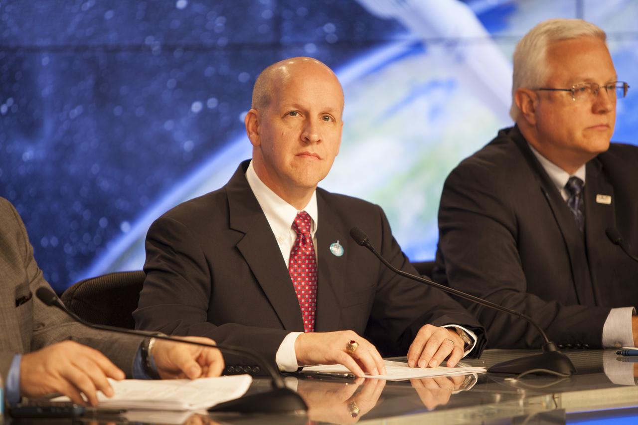 CAPE CANAVERAL, Fla. – During a news conference at NASA's Kennedy Space Center in Florida, agency and contractor officials discussed preparations for the launch of NASA's Tracking and Data Relay Satellite, or TDRS-L, spacecraft. Participants included Tim Dunn, NASA launch director at Kennedy, left, and Vernon Thorp, program manager for NASA Missions with United Launch Alliance in Denver, Colo. The TDRS-L spacecraft is the second of three new satellites designed to ensure vital operational continuity for NASA by expanding the lifespan of the Tracking and Data Relay Satellite System TDRSS fleet, which consists of eight satellites in geosynchronous orbit. The spacecraft provide tracking, telemetry, command and high bandwidth data return services for numerous science and human exploration missions orbiting Earth. These include NASA's Hubble Space Telescope and the International Space Station. TDRS-L has a high-performance solar panel designed for more spacecraft power to meet the growing S-band communications requirements. TDRSS is one of NASA Space Communication and Navigation’s SCaN three networks providing space communications to NASA’s missions. For more information more about TDRS-L, visit: http://www.nasa.gov/tdrs To learn more about SCaN, visit: www.nasa.gov/scan Photo credit: NASA/Frankie Martin