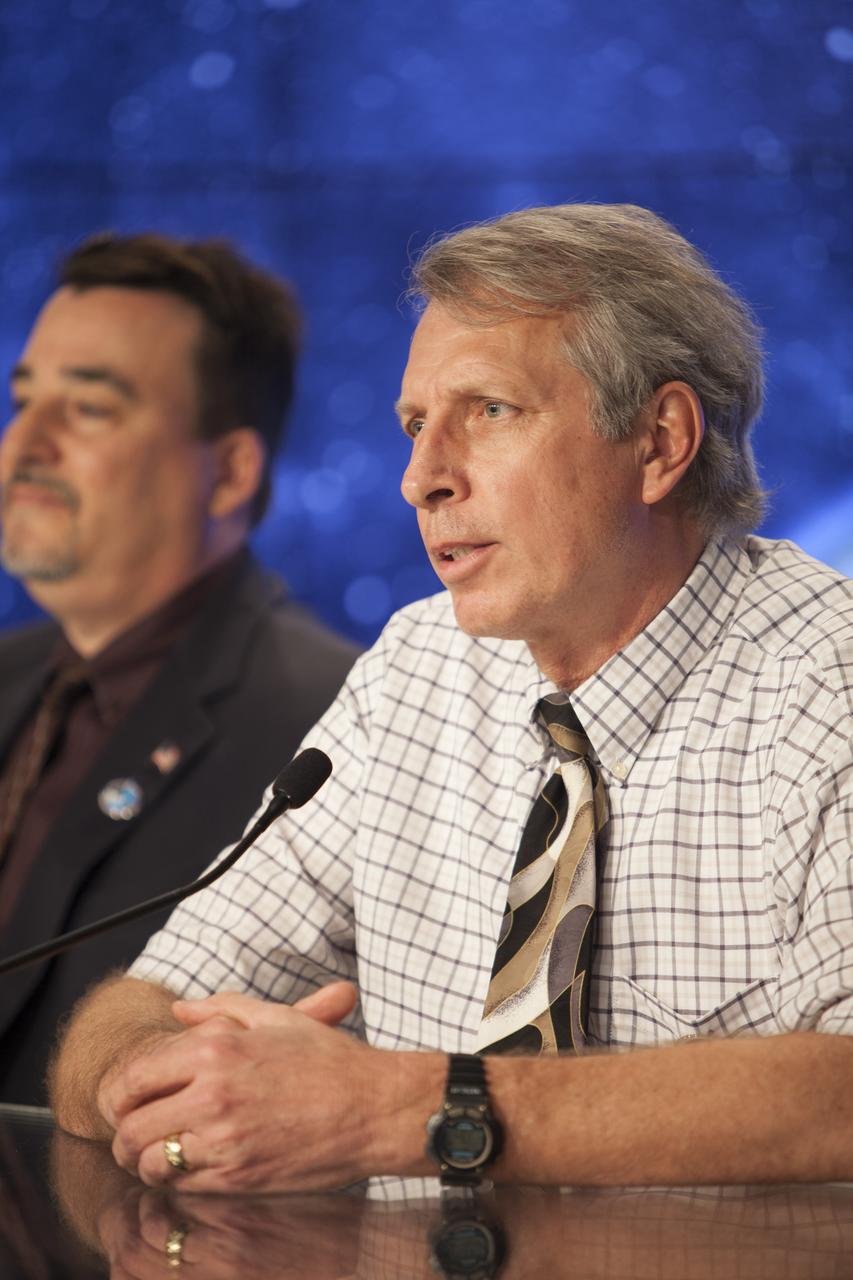 CAPE CANAVERAL, Fla. – During a news conference at NASA's Kennedy Space Center in Florida, agency and contractor officials discussed preparations for the launch of NASA's Tracking and Data Relay Satellite, or TDRS-L, spacecraft. Participants included Clay Flinn, launch weather officer for the 45th Weather Squadron at Cape Canaveral Air Force Station, Fla. Seated behind Flinn is Andy Kopito, Civil Space Programs director for Boeing Space & Intelligence Systems in El Segundo, Calif. The TDRS-L spacecraft is the second of three new satellites designed to ensure vital operational continuity for NASA by expanding the lifespan of the Tracking and Data Relay Satellite System TDRSS fleet, which consists of eight satellites in geosynchronous orbit. The spacecraft provide tracking, telemetry, command and high bandwidth data return services for numerous science and human exploration missions orbiting Earth. These include NASA's Hubble Space Telescope and the International Space Station. TDRS-L has a high-performance solar panel designed for more spacecraft power to meet the growing S-band communications requirements. TDRSS is one of NASA Space Communication and Navigation’s SCaN three networks providing space communications to NASA’s missions. For more information more about TDRS-L, visit: http://www.nasa.gov/tdrs To learn more about SCaN, visit: www.nasa.gov/scan Photo credit: NASA/Frankie Martin