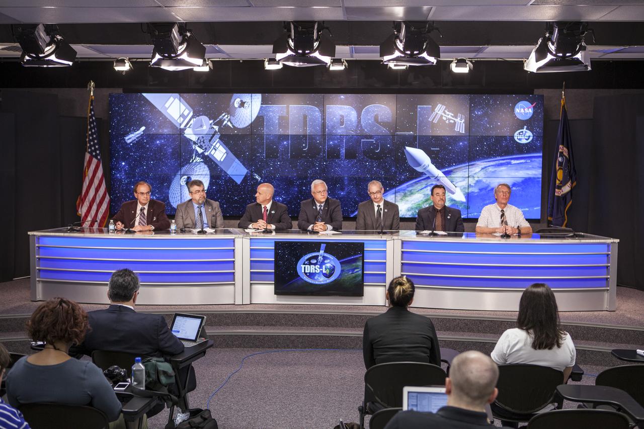 CAPE CANAVERAL, Fla. –During a news conference at NASA's Kennedy Space Center in Florida, agency and contractor officials discussed preparations for the launch of NASA's Tracking and Data Relay Satellite, or TDRS-L, spacecraft. Participating in the briefing, from the left, are George Diller of NASA Public Affairs, Badri Younes, deputy associate administrator, Space Communications and Navigation SCaN NASA Human Exploration and Operations Mission Directorate at NASA Headquarters in Washington D.C., Tim Dunn, NASA launch director at Kennedy, Vernon Thorp, program manager for NASA Missions with United Launch Alliance in Denver, Colo., Jeffrey Gramling, NASA's TDRS-L project manager at the Goddard Space Flight Center in Greenbelt, Md., Andy Kopito, Civil Space Programs director for Boeing Space & Intelligence Systems in El Segundo, Calif., and Clay Flinn, launch weather officer for the 45th Weather Squadron at Cape Canaveral Air Force Station, Fla. The TDRS-L spacecraft is the second of three new satellites designed to ensure vital operational continuity for NASA by expanding the lifespan of the Tracking and Data Relay Satellite System TDRSS fleet, which consists of eight satellites in geosynchronous orbit. The spacecraft provide tracking, telemetry, command and high bandwidth data return services for numerous science and human exploration missions orbiting Earth. These include NASA's Hubble Space Telescope and the International Space Station. TDRS-L has a high-performance solar panel designed for more spacecraft power to meet the growing S-band communications requirements. TDRSS is one of NASA Space Communication and Navigation’s SCaN three networks providing space communications to NASA’s missions. For more information more about TDRS-L, visit: http://www.nasa.gov/tdrs To learn more about SCaN, visit: www.nasa.gov/scan Photo credit: NASA/Frankie Martin