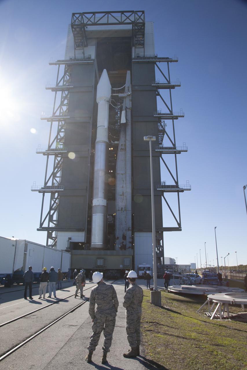 CAPE CANAVERAL, Fla. – At Cape Canaveral Air Force Station's Launch Complex 41, a United Launch Alliance Atlas V with NASA's Tracking and Data Relay Satellite, or TDRS-L, spacecraft atop, begins its rollout from the Vertical Integration Facility to the launch pad. The TDRS-L spacecraft is the second of three new satellites designed to ensure vital operational continuity for NASA by expanding the lifespan of the Tracking and Data Relay Satellite System TDRSS fleet, which consists of eight satellites in geosynchronous orbit. The spacecraft provide tracking, telemetry, command and high bandwidth data return services for numerous science and human exploration missions orbiting Earth. These include NASA's Hubble Space Telescope and the International Space Station. TDRS-L has a high-performance solar panel designed for more spacecraft power to meet the growing S-band communications requirements. TDRSS is one of NASA Space Communication and Navigation’s SCaN three networks providing space communications to NASA’s missions. For more information more about TDRS-L, visit: http://www.nasa.gov/tdrs To learn more about SCaN, visit: www.nasa.gov/scan Photo credit: NASA/Daniel Casper