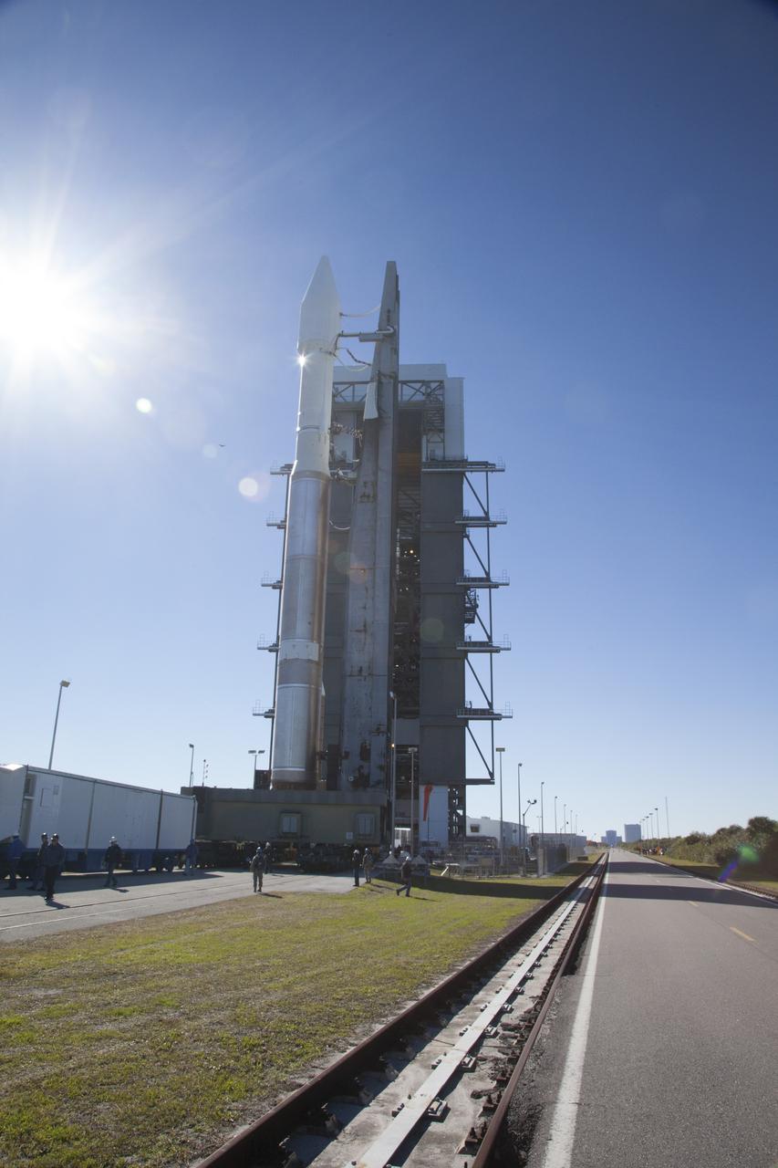 CAPE CANAVERAL, Fla. – At Cape Canaveral Air Force Station's Launch Complex 41, a United Launch Alliance Atlas V with NASA's Tracking and Data Relay Satellite, or TDRS-L, spacecraft atop, begins its rollout from the Vertical Integration Facility to the launch pad. The TDRS-L spacecraft is the second of three new satellites designed to ensure vital operational continuity for NASA by expanding the lifespan of the Tracking and Data Relay Satellite System TDRSS fleet, which consists of eight satellites in geosynchronous orbit. The spacecraft provide tracking, telemetry, command and high bandwidth data return services for numerous science and human exploration missions orbiting Earth. These include NASA's Hubble Space Telescope and the International Space Station. TDRS-L has a high-performance solar panel designed for more spacecraft power to meet the growing S-band communications requirements. TDRSS is one of NASA Space Communication and Navigation’s SCaN three networks providing space communications to NASA’s missions. For more information more about TDRS-L, visit: http://www.nasa.gov/tdrs To learn more about SCaN, visit: www.nasa.gov/scan Photo credit: NASA/Daniel Casper