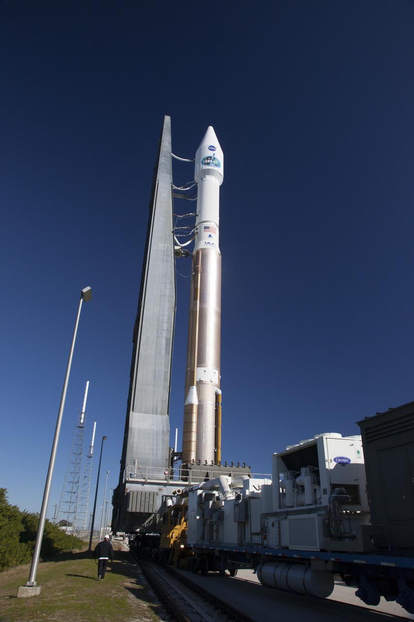 CAPE CANAVERAL, Fla. – At Cape Canaveral Air Force Station's Launch Complex 41, a United Launch Alliance Atlas V with NASA's Tracking and Data Relay Satellite, or TDRS-L, spacecraft atop, rolls out to the launch pad. The TDRS-L spacecraft is the second of three new satellites designed to ensure vital operational continuity for NASA by expanding the lifespan of the Tracking and Data Relay Satellite System TDRSS fleet, which consists of eight satellites in geosynchronous orbit. The spacecraft provide tracking, telemetry, command and high bandwidth data return services for numerous science and human exploration missions orbiting Earth. These include NASA's Hubble Space Telescope and the International Space Station. TDRS-L has a high-performance solar panel designed for more spacecraft power to meet the growing S-band communications requirements. TDRSS is one of NASA Space Communication and Navigation’s SCaN three networks providing space communications to NASA’s missions. For more information more about TDRS-L, visit: http://www.nasa.gov/tdrs To learn more about SCaN, visit: www.nasa.gov/scan Photo credit: NASA/Daniel Casper