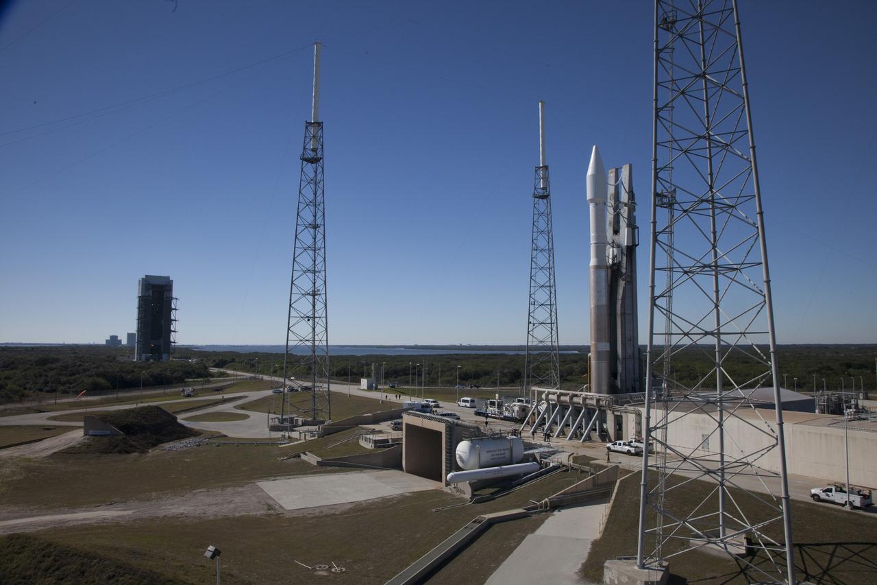 CAPE CANAVERAL, Fla. – At Cape Canaveral Air Force Station's Launch Complex 41, a United Launch Alliance Atlas V with NASA's Tracking and Data Relay Satellite, or TDRS-L, spacecraft atop, arrives at the launch pad. The TDRS-L spacecraft is the second of three new satellites designed to ensure vital operational continuity for NASA by expanding the lifespan of the Tracking and Data Relay Satellite System TDRSS fleet, which consists of eight satellites in geosynchronous orbit. The spacecraft provide tracking, telemetry, command and high bandwidth data return services for numerous science and human exploration missions orbiting Earth. These include NASA's Hubble Space Telescope and the International Space Station. TDRS-L has a high-performance solar panel designed for more spacecraft power to meet the growing S-band communications requirements. TDRSS is one of NASA Space Communication and Navigation’s SCaN three networks providing space communications to NASA’s missions. For more information more about TDRS-L, visit: http://www.nasa.gov/tdrs To learn more about SCaN, visit: www.nasa.gov/scan Photo credit: NASA/Daniel Casper