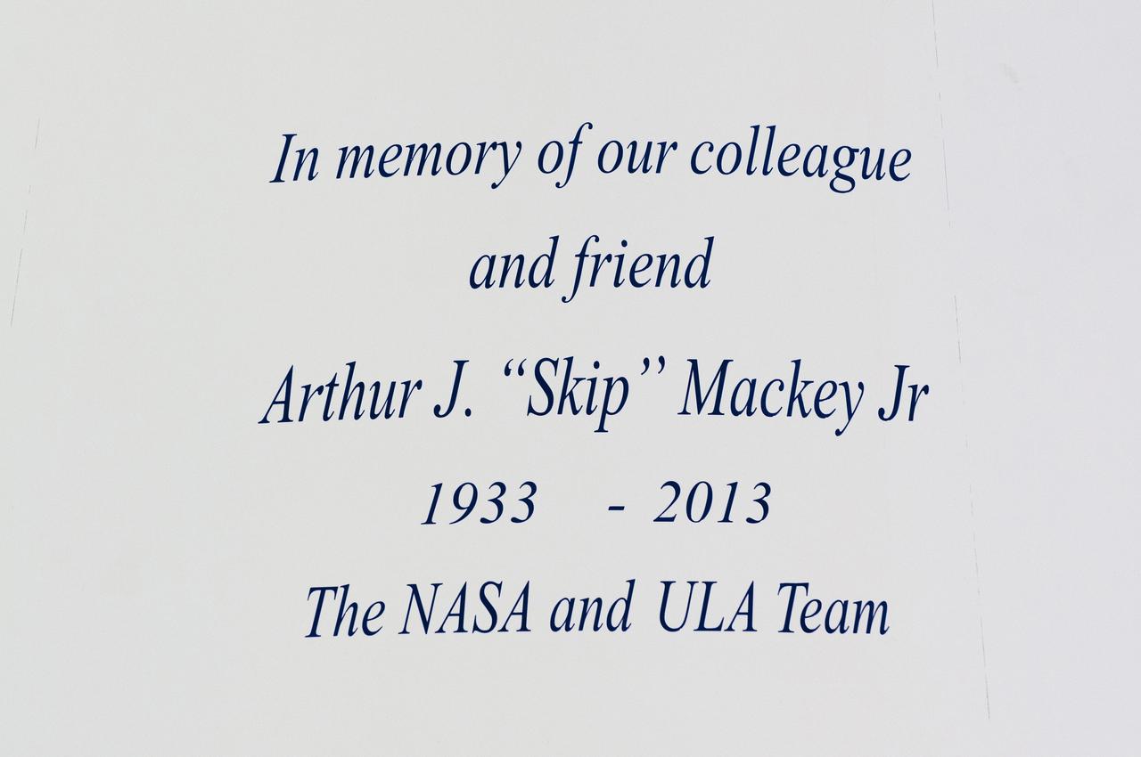 CAPE CANAVERAL, Fla. – This memorial message was added to the Atlas V rocket for NASA's Tracking and Data Relay Satellite, or TDRS-L, spacecraft being prepared for launch from Cape Canaveral Air Force Station's Launch Complex 41. Arthur J. "Skip" Mackey Jr. was the “Voice of NASA” during the 1960s, 1970s and early 1980s for flight commentary after liftoff for expendable vehicles launched from Cape Canaveral. Mackey served as branch chief for Telemetry and Communications at Hangar AE in the agency’s Expendable Launch Vehicle Program and then the Launch Services Program for 39 years. He died in Fort Lauderdale, Fla., on Nov. 19, 2013. The TDRS-L spacecraft is the second of three new satellites designed to ensure vital operational continuity for NASA by expanding the lifespan of the Tracking and Data Relay Satellite System TDRSS fleet, which consists of eight satellites in geosynchronous orbit. The spacecraft provide tracking, telemetry, command and high bandwidth data return services for numerous science and human exploration missions orbiting Earth. These include NASA's Hubble Space Telescope and the International Space Station. TDRS-L has a high-performance solar panel designed for more spacecraft power to meet the growing S-band communications requirements. TDRSS is one of NASA Space Communication and Navigation’s SCaN three networks providing space communications to NASA’s missions. For more information more about TDRS-L, visit: http://www.nasa.gov/tdrs To learn more about SCaN, visit: www.nasa.gov/scan For more on "Skip" Mackey go to: http://www.nasa.gov/content/skip-mackey-remembered-by-colleagues-as-voice-of-nasa/ Image credit: United Launch Alliance