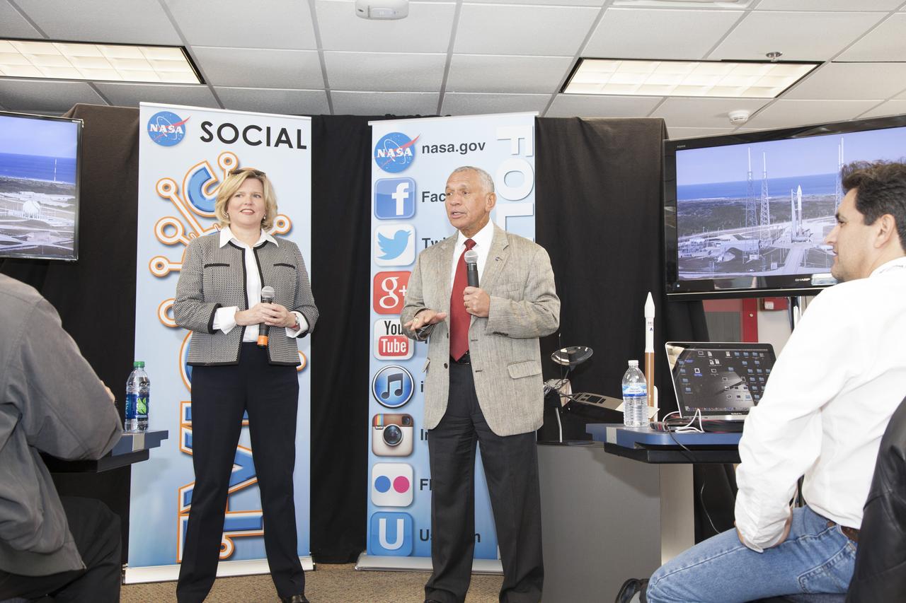 CAPE CANAVERAL, Fla. -- In the NASA News Center annex at NASA's Kennedy Space Center in Florida, social media participants listen to a briefing by Acting Administrator of the U.S. Small Business Administration Jeanne Holit, left, and NASA Administrator Charles Bolden. The social media participants gathered at the Florida spaceport for the launch of the Tracking and Data Relay Satellite, or TDRS-L spacecraft. Their visit included tours of key facilities and participating in presentations by key NASA leaders who updated the space agency's current efforts. Photo credit: NASA/Dan Casper