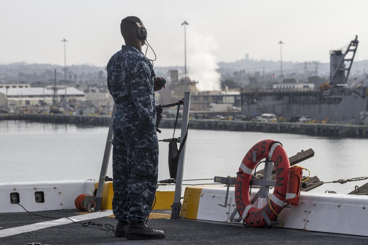 SAN DIEGO, Calif. – At the U.S. Naval Base San Diego in California, the USS San Diego heads out to sea with the Orion boilerplate test vehicle and other hardware in its well deck for an underway recovery test. About 100 miles offshore, NASA and the U.S. Navy conducted tests to prepare for recovery of the Orion crew module, forward bay cover and parachutes on its return from a deep space mission. The underway recovery test will allow the teams to demonstrate and evaluate the recovery processes, procedures, hardware and personnel in open waters. During the testing, the tether lines were unable to support the tension caused by crew module motion that was driven by wave turbulence in the well deck of the ship. NASA and the U.S. Navy are reviewing the testing data collected to evaluate the next steps. The Ground Systems Development and Operations Program conducted the underway recovery tests. Orion is the exploration spacecraft designed to carry astronauts to destinations not yet explored by humans, including an asteroid and Mars. It will have emergency abort capability, sustain the crew during space travel and provide safe re-entry from deep space return velocities. The first unpiloted test flight of the Orion is scheduled to launch in 2014 atop a Delta IV rocket and in 2017 on NASA’s Space Launch System rocket. For more information, visit http://www.nasa.gov/orion. Photo credit: NASA/Cory Huston