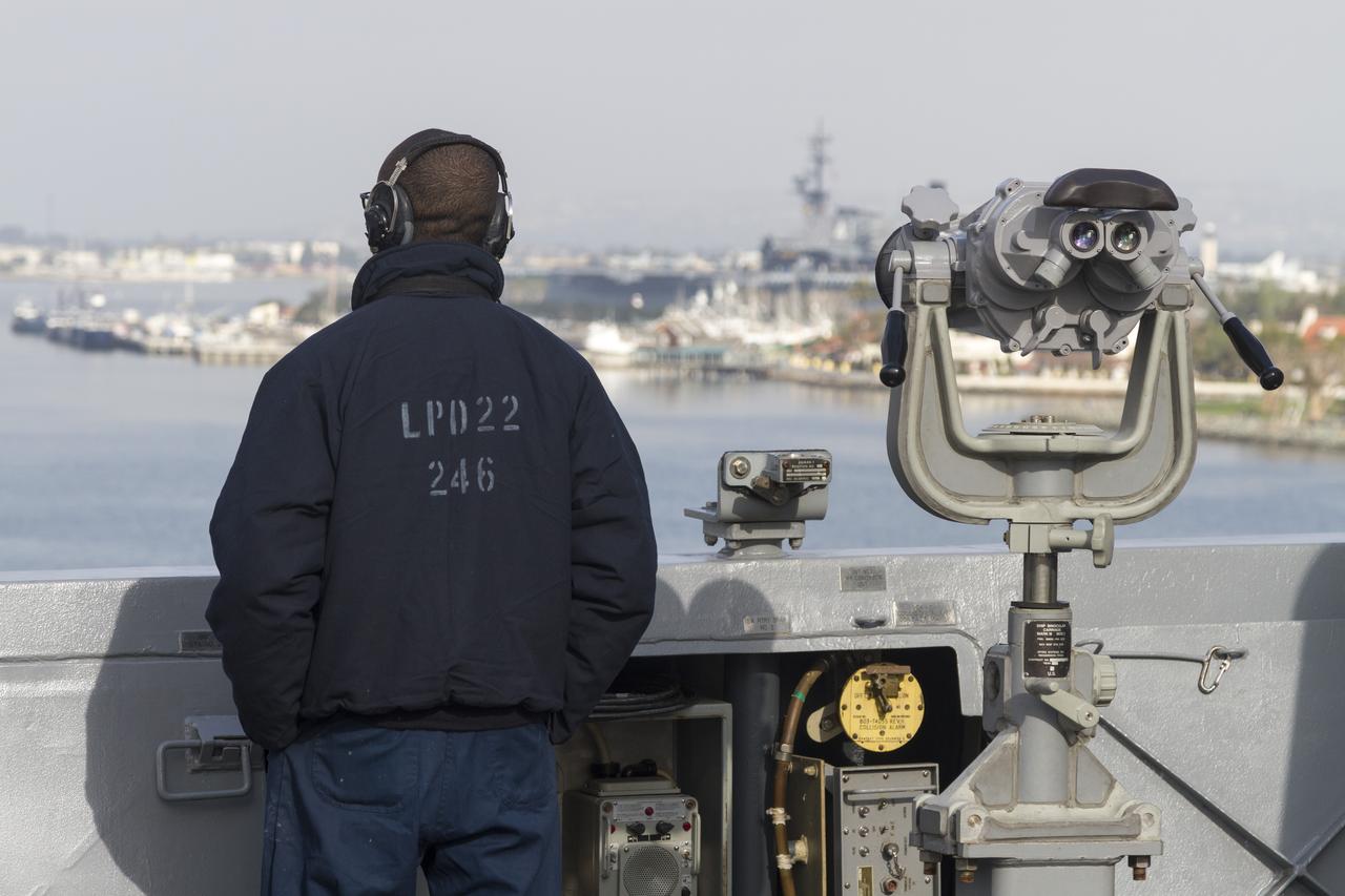 SAN DIEGO, Calif. – At the U.S. Naval Base San Diego in California, the USS San Diego heads out to sea with the Orion boilerplate test vehicle and other hardware in its well deck for an underway recovery test. About 100 miles offshore, NASA and the U.S. Navy conducted tests to prepare for recovery of the Orion crew module, forward bay cover and parachutes on its return from a deep space mission. The underway recovery test will allow the teams to demonstrate and evaluate the recovery processes, procedures, hardware and personnel in open waters. During the testing, the tether lines were unable to support the tension caused by crew module motion that was driven by wave turbulence in the well deck of the ship. NASA and the U.S. Navy are reviewing the testing data collected to evaluate the next steps. The Ground Systems Development and Operations Program conducted the underway recovery tests. Orion is the exploration spacecraft designed to carry astronauts to destinations not yet explored by humans, including an asteroid and Mars. It will have emergency abort capability, sustain the crew during space travel and provide safe re-entry from deep space return velocities. The first unpiloted test flight of the Orion is scheduled to launch in 2014 atop a Delta IV rocket and in 2017 on NASA’s Space Launch System rocket. For more information, visit http://www.nasa.gov/orion. Photo credit: NASA/Cory Huston