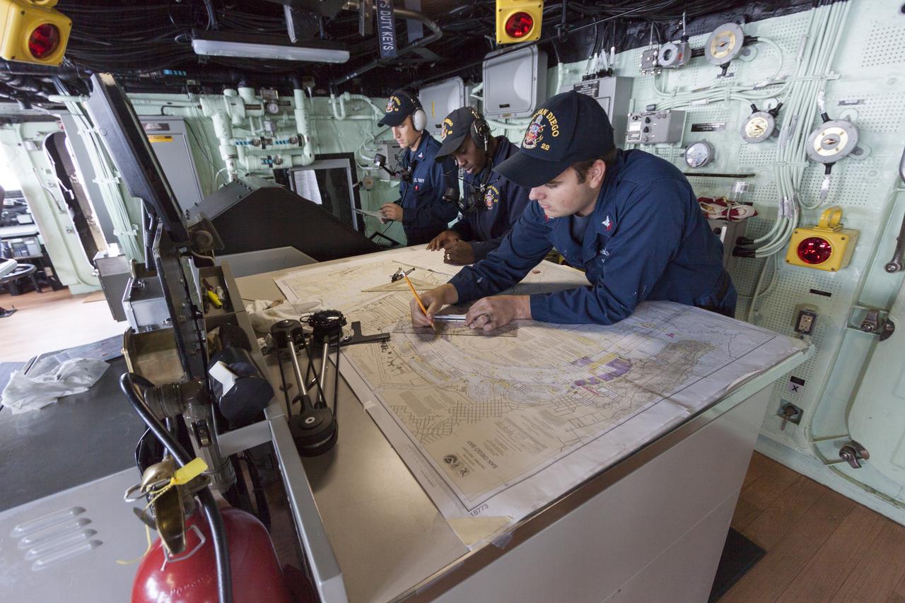 SAN DIEGO, Calif. – At the U.S. Naval Base San Diego in California, the USS San Diego heads out to sea with the Orion boilerplate test vehicle and other hardware in its well deck for an underway recovery test. U.S. Navy personnel monitor conditions as the ship leaves port. About 100 miles offshore, NASA and the U.S. Navy conducted tests to prepare for recovery of the Orion crew module, forward bay cover and parachutes on its return from a deep space mission. The underway recovery test will allow the teams to demonstrate and evaluate the recovery processes, procedures, hardware and personnel in open waters. During the testing, the tether lines were unable to support the tension caused by crew module motion that was driven by wave turbulence in the well deck of the ship. NASA and the U.S. Navy are reviewing the testing data collected to evaluate the next steps. The Ground Systems Development and Operations Program conducted the underway recovery tests. Orion is the exploration spacecraft designed to carry astronauts to destinations not yet explored by humans, including an asteroid and Mars. It will have emergency abort capability, sustain the crew during space travel and provide safe re-entry from deep space return velocities. The first unpiloted test flight of the Orion is scheduled to launch in 2014 atop a Delta IV rocket and in 2017 on NASA’s Space Launch System rocket. For more information, visit http://www.nasa.gov/orion. Photo credit: NASA/Cory Huston