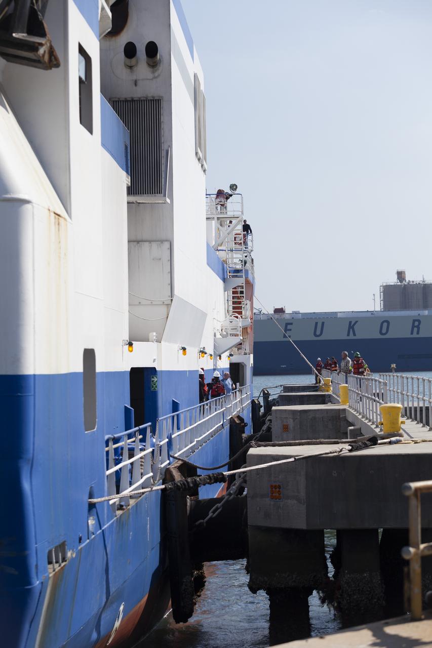 CAPE CANAVERAL, Fla. – The United Launch Alliance barge Delta Mariner is secured to the dock in Port Canaveral in Florida. The barge is carrying two of the booster stages for the Delta IV Heavy rocket slated for Orion's Exploration Flight Test-1, or EFT-1. Orion is the exploration spacecraft designed to carry astronauts to destinations not yet explored by humans. It will have emergency abort capability, sustain the crew during space travel and provide safe re-entry from deep-space return velocities. The first unpiloted test flight of Orion is scheduled to launch in September 2014 atop a Delta IV Heavy rocket and in 2017 on NASA’s Space Launch System rocket. For more information, visit www.nasa.gov/orion. Photo credit: NASA/Frankie Martin