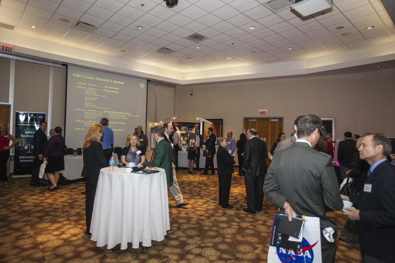 CAPE CANAVERAL, Fla. - Community leaders, business executives, educators, and state and local government leaders were updated on NASA Kennedy Space Center programs and accomplishments during Center Director Bob Cabana’s Center Director Update at the Debus Center at the Kennedy Space Center Visitor Complex in Florida. Attendees talked with Cabana and other senior Kennedy managers and visited displays featuring updates on Kennedy programs and projects, including International Space Station, Commercial Crew, Ground System Development and Operations, Launch Services, Center Planning and Development, Technology, KSC Swamp Works and NASA Education. The morning concluded with a tour of the new Space Shuttle Atlantis exhibit at the visitor complex. For more information, visit http://www.nasa.gov/kennedy. Photo credit: NASA/Daniel Casper