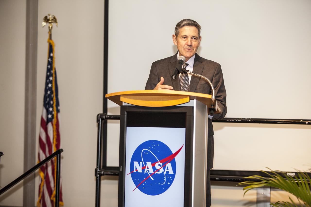 CAPE CANAVERAL, Fla. – NASA Kennedy Space Center Director Robert Cabana welcomes community leaders, business executives, educators, community organizers, and state and local government leaders to the Kennedy Space Center Visitor Complex Debus Center for the Kennedy Space Center Director Update. Attendees talked with Cabana and other senior Kennedy managers and visited displays featuring updates on Kennedy programs and projects, including International Space Station, Commercial Crew, Ground System Development and Operations, Launch Services, Center Planning and Development, Technology, KSC Swamp Works and NASA Education. The morning concluded with a tour of the new Space Shuttle Atlantis exhibit at the visitor complex. For more information, visit http://www.nasa.gov/kennedy. Photo credit: NASA/Daniel Casper