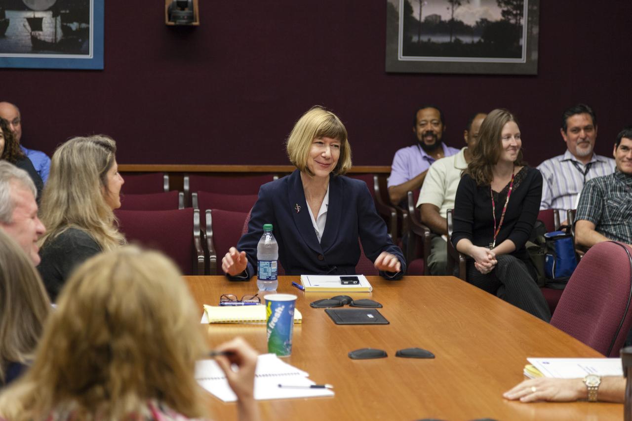 CAPE CANAVERAL, Fla. - Kathy Lueders, manager of NASA's Commercial Crew Program, listens to updates during a meeting with the staff at NASA's Kennedy Space Center in Florida. Photo credit: NASA/Frankie Martin