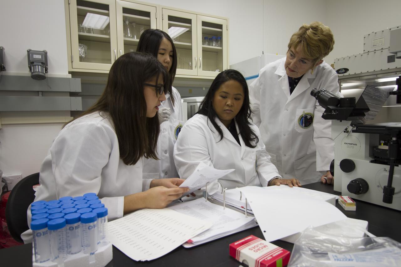 CAPE CANAVERAL, Fla. - From left, T-cell science team members Emily Martinez, Miya Yoshida and Tara Candelario, of the Hughes-Fulford Laboratory, San Francisco, Calif., discuss preflight and post-flight experiment operations with researcher and principal investigator Dr. Millie Hughes-Fulford in the Space Station Processing Facility at NASA's Kennedy Space Center in Florida. The immunology experiment will launch on SpaceX-3 and focus on the effects of microgravity on early T-cell signaling pathways. Current work aims to identify and compare the gene expression of microRNAs miRNAs during T-cell activation under normal gravity and in microgravity, and compare those patterns to changes seen in aging populations. The experiment will be the first flown on SpaceX funded by the National Institutes of Health. Dr. Hughes-Fulford flew aboard space shuttle mission STS-40 in June 1991, the first Spacelab mission dedicated to biomedical studies. For more information on the T-cell experiment, visit http://hughesfulfordlab.com and http://www.nasa.gov/ames/research/space-biosciences/t-cell-activation-in-aging-spacex-3/. Photo credit: NASA/Cory Huston
