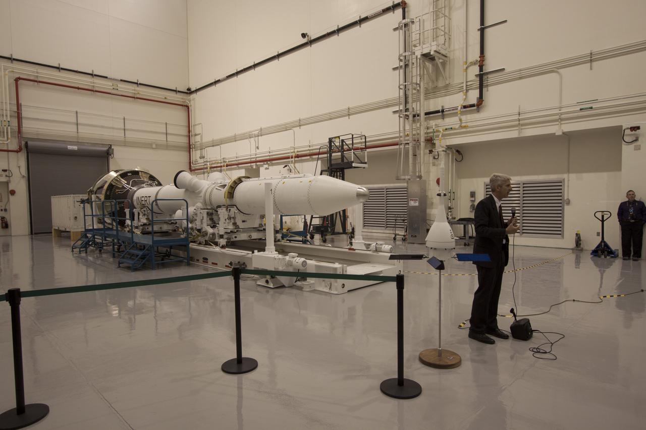 CAPE CANAVERAL, Fla. – A group of news media and social media tweeters toured the Launch Abort System Facility and viewed the launch abort system for the Orion spacecraft at NASA's Kennedy Space Center in Florida. Speaking to the group is Scott Wilson, manager of Production Operations for the Orion Program. The group also toured the Launch Control Center and Vehicle Assembly Building, legacy facilities that are being upgraded by the Ground Systems Development and Operations Program at Kennedy to prepare for processing and launch of NASA's Space Launch System and Orion spacecraft. NASA is developing the Space Launch System and Orion spacecraft to provide an entirely new capability for human exploration beyond low-Earth orbit, with the flexibility to launch spacecraft for crew and cargo missions, including to an asteroid and Mars. Orion’s first unpiloted test flight is scheduled to launch later this year atop a Delta IV rocket. A second uncrewed flight test is scheduled for fiscal year 2018 on the Space Launch System rocket. For more information, visit http://www.nasa.gov/orion. Photo credit: NASA/Cory Huston
