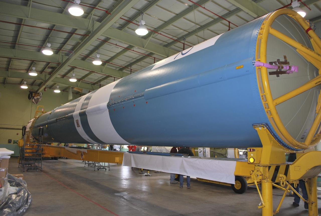 VANDENBERG AIR FORCE BASE, Calif. – The Delta first-stage booster for NASA's Orbiting Carbon Observatory-2 mission, or OCO-2, rests on a transportation cradle in the Horizontal Integration Facility at Space Launch Complex 2 on Vandenberg Air Force Base in California. OCO-2 is scheduled to launch aboard a United Launch Alliance Delta II rocket in July. The observatory will collect precise global measurements of carbon dioxide in the Earth's atmosphere and provide scientists with a better idea of the chemical compound's impacts on climate change. Scientists will analyze this data to improve our understanding of the natural processes and human activities that regulate the abundance and distribution of this important atmospheric gas. To learn more about OCO-2, visit http://oco.jpl.nasa.gov. Photo credit: NASA/Randy Beaudoin