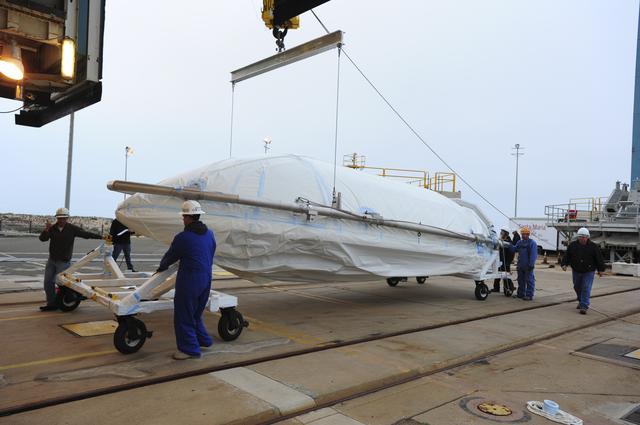 NASA image: OCO-2 Fairings being hoisted into MST