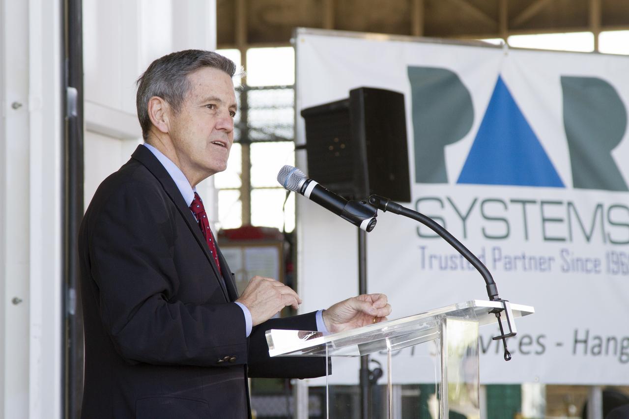 CAPE CANAVERAL, Fla. – Kennedy Space Center Director Bob Cabana speaks during an Open House event at Hangar N at Cape Canaveral Air Force Station in Florida, to celebrate the one-year anniversary of PaR Systems' partnership with Kennedy. Under a 15-year lease agreement, PaR Systems is utilizing Hangar N and its unique nondestructive testing equipment.    The partnership agreement was established by Kennedy's Center Planning and Development Directorate. The agreement is just one example of the types of partnerships that Kennedy is seeking to create a multi-user spaceport.  Photo credit: NASA/Cory Huston