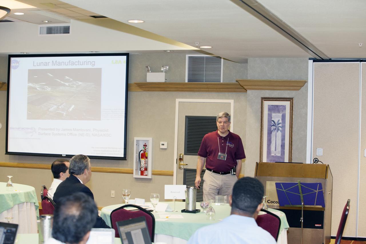 CAPE CANAVERAL, Fla. -- At the Marriott Courtyard Hotel in Cocoa Beach, Fla., James Mantovani of the NASA Surface Systems Office at NASA's Kennedy Space Center, speaks to participants in the 4th International Workshop on Lunar and Planetary Compact and Cryogenic Science and Technology Applications.      Scientists, engineers and entrepreneurs interested in research on the moon and other planetary surfaces, recently participated in the Workshop. Taking place April 8-11, 2014, the event was designed to foster collaborative work among those interested in solving the challenges of building hardware, software and businesses interested in going back to the moon and exploring beyond. Photo credit: NASA/Daniel Casper