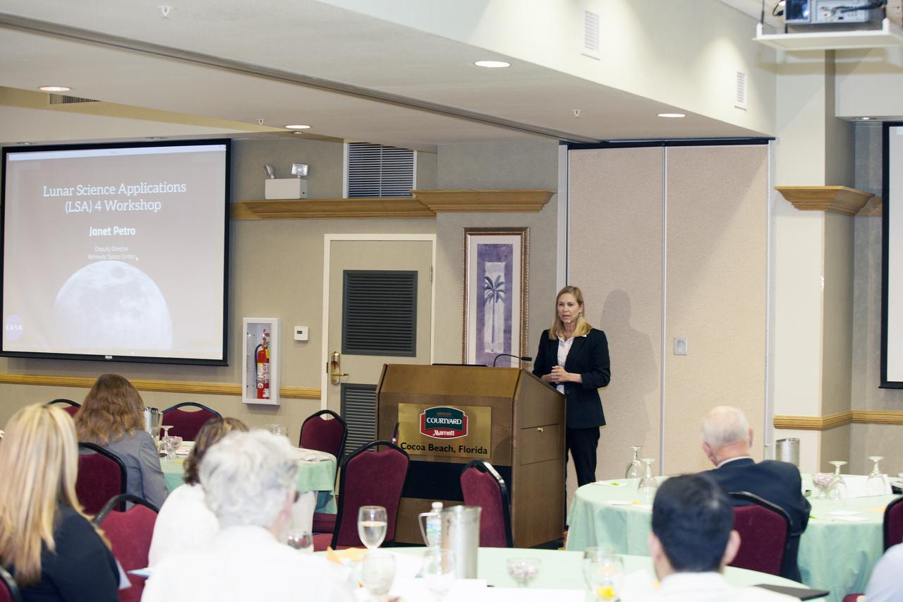CAPE CANAVERAL, Fla. -- At the Marriott Courtyard Hotel in Cocoa Beach, Fla., Janet Petro, deputy director of NASA's Kennedy Space Center, speaks to participants in the 4th International Workshop on Lunar and Planetary Compact and Cryogenic Science and Technology Applications.    Scientists, engineers and entrepreneurs interested in research on the moon and other planetary surfaces, recently participated in the Workshop. Taking place April 8-11, 2014, the event was designed to foster collaborative work among those interested in solving the challenges of building hardware, software and businesses interested in going back to the moon and exploring beyond. Photo credit: NASA/Daniel Casper