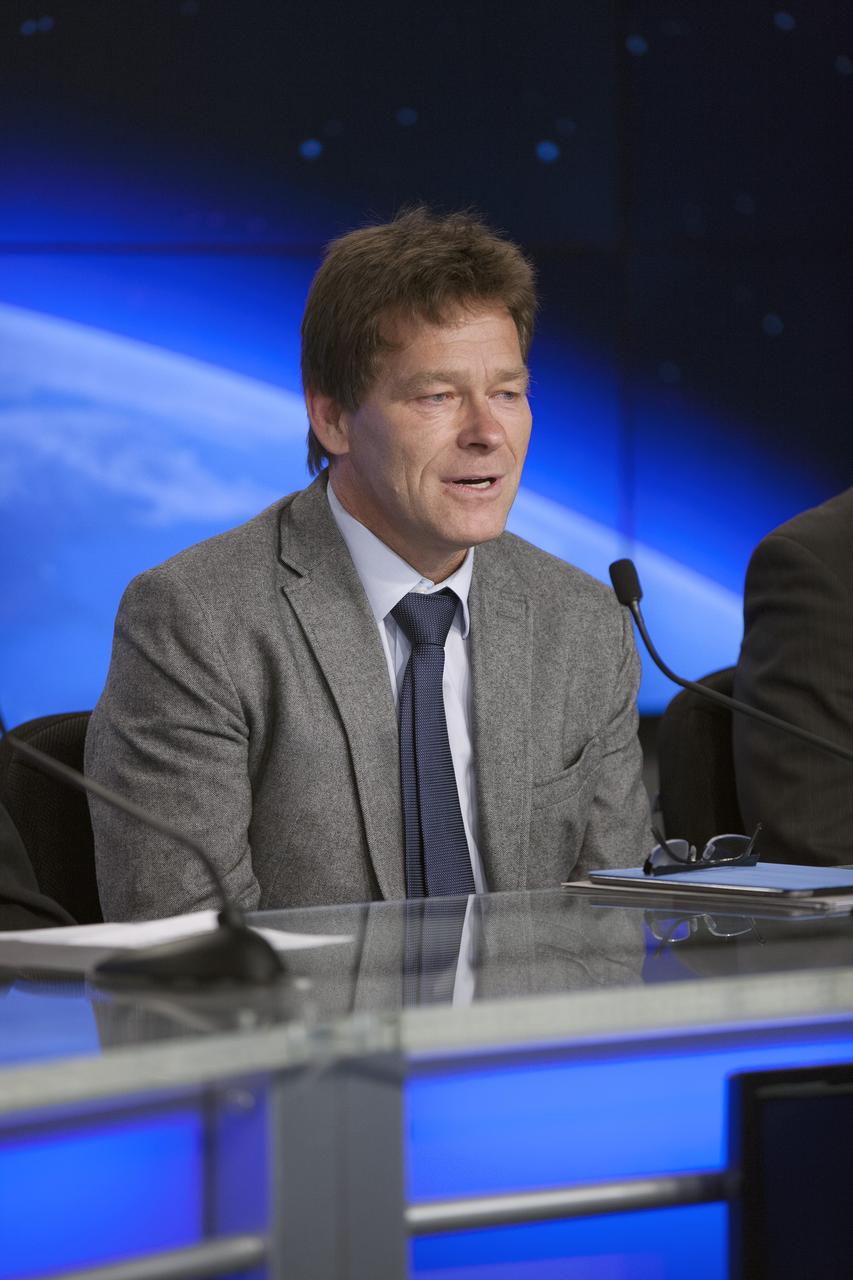 CAPE CANAVERAL, Fla. – During a news conference at NASA's Kennedy Space Center in Florida, agency and contractor officials discussed preparations for the launch of the SpaceX-3 Commercial Resupply Services mission to the International Space Station. Participating in the briefing is Hans Koenigsmann, SpaceX vice president of Mission Assurance. Scheduled for launch on April 14, 2014 atop a Falcon 9 rocket, Dragon spacecraft will be marking its fourth trip to the space station. The SpaceX-3 mission carrying almost 2.5 tons of supplies, technology and science experiments is the third of 12 flights contracted by NASA to resupply the orbiting laboratory. For more information, visit http://www.nasa.gov/mission_pages/station/structure/launch/index.html Photo credit: NASA/Kim Shiflett