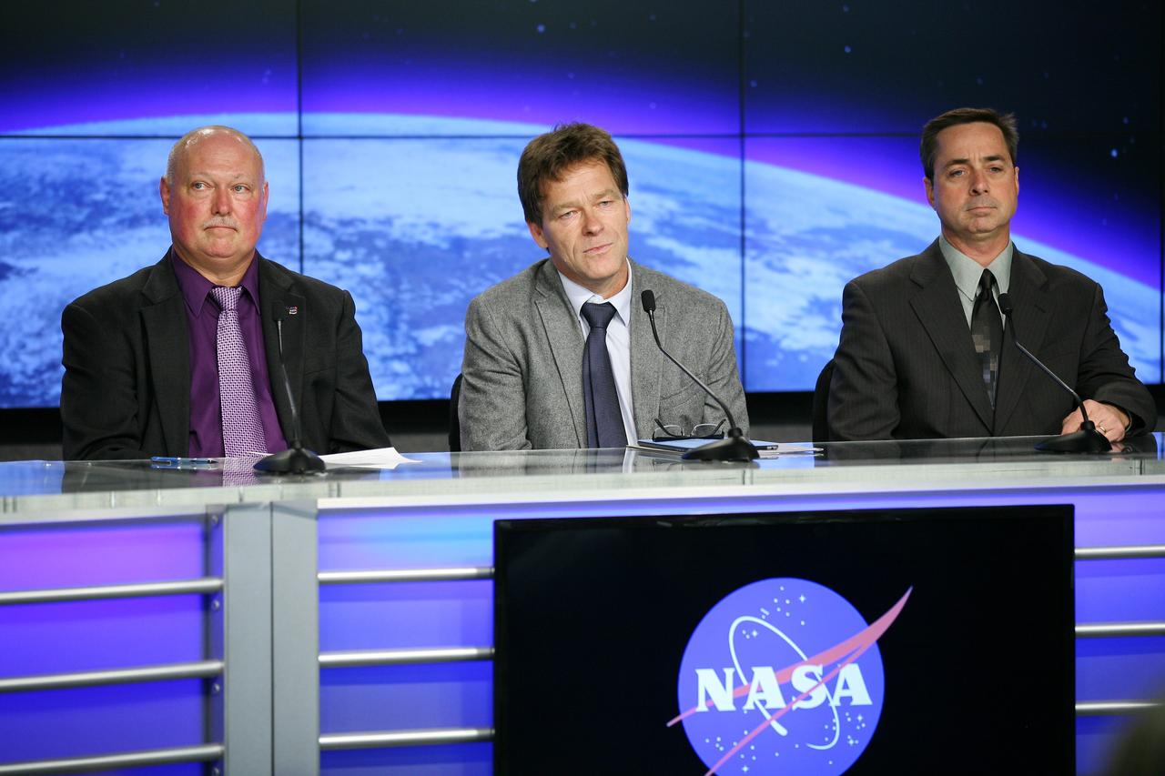 CAPE CANAVERAL, Fla. – During a news conference at NASA's Kennedy Space Center in Florida, agency and contractor officials discussed preparations for the launch of the SpaceX-3 Commercial Resupply Services mission to the International Space Station. Participating in the briefing, from the left, are Mike Curie of NASA Public Affairs, Hans Koenigsmann, SpaceX vice president of Mission Assurance, and Mike McAleenan, launch weather officer, 45th Weather Squadron.       Scheduled for launch on April 14, 2014 atop a Falcon 9 rocket, Dragon spacecraft will be marking its fourth trip to the space station. The SpaceX-3 mission carrying almost 2.5 tons of supplies, technology and science experiments is the third of 12 flights contracted by NASA to resupply the orbiting laboratory. For more information, visit http://www.nasa.gov/mission_pages/station/structure/launch/index.html Photo credit: NASA/Kim Shiflett