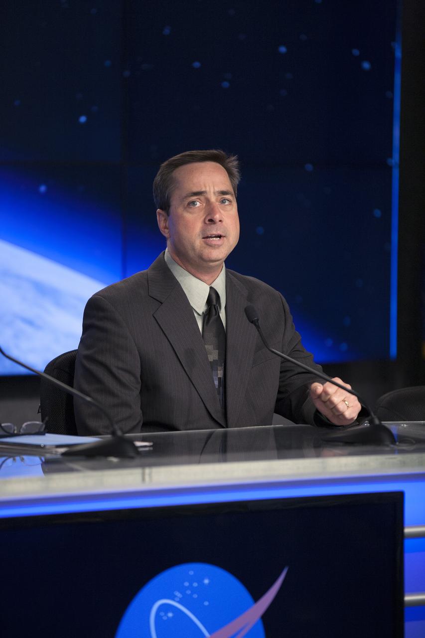 CAPE CANAVERAL, Fla. – During a news conference at NASA's Kennedy Space Center in Florida, agency and contractor officials discussed preparations for the launch of the SpaceX-3 Commercial Resupply Services mission to the International Space Station. Participating in the briefing is Mike McAleenan, launch weather officer, 45th Weather Squadron.      Scheduled for launch on April 14, 2014 atop a Falcon 9 rocket, Dragon spacecraft will be marking its fourth trip to the space station. The SpaceX-3 mission carrying almost 2.5 tons of supplies, technology and science experiments is the third of 12 flights contracted by NASA to resupply the orbiting laboratory. For more information, visit http://www.nasa.gov/mission_pages/station/structure/launch/index.html Photo credit: NASA/Kim Shiflett
