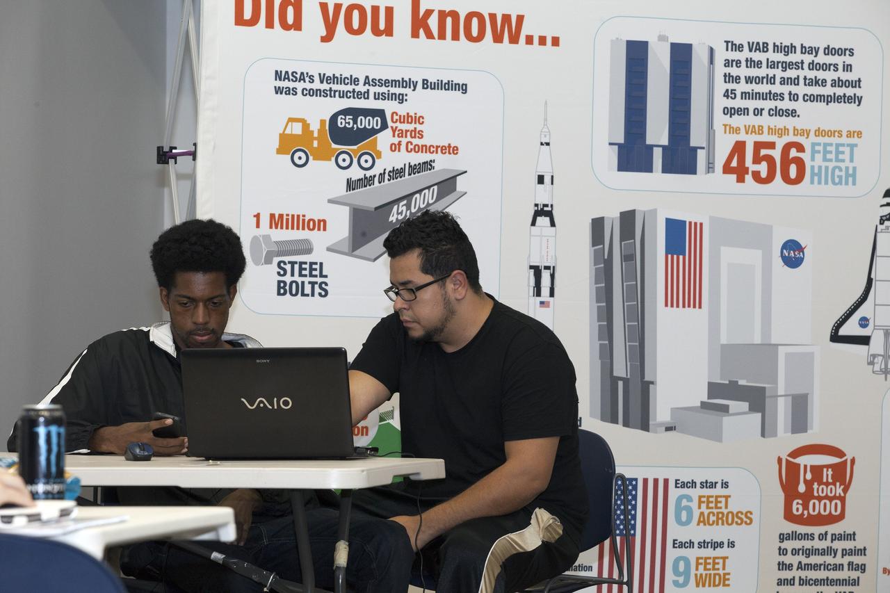 CAPE CANAVERAL, Fla. - SpaceWear team members Keith Hargett, left, and Alejandro Velasco participate in the International Space Apps Challenge in the Center for Space Education at the Kennedy Space Center Visitor Complex in Florida.      Kennedy Space Center hosted one of the over 90 locations around the world where participants congregated for the attempt to design innovative solutions for global challenges over a 48-hour period. This year's development marathon focused on five NASA mission areas: Asteroids, Earth Watch, Human Spaceflight, Robotics, and Technology in Space. Three of this year’s challenges were developed by KSC employees: Space Wearables: Fashion Designer to Astronauts, Growing Food for a Martian Table, and Asteroid Prospector. The winners selected in 2014 at Kennedy were Astronaut Resource Managing System, or ARMS, for Best Use of Data and SpaceWear for Best Use of Hardware. ARMS also took the People's Choice Award. For more information, visit https://2014.spaceappschallenge.org.  Photo credit: NASA/Daniel Casper