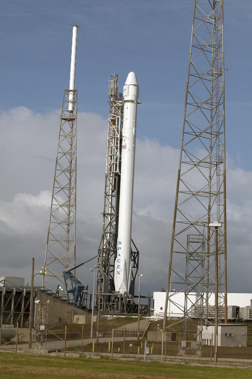 CAPE CANAVERAL, Fla. - At Space Launch Complex 40 on Cape Canaveral Air Force Station in Florida, a SpaceX Falcon 9 rocket stands ready to boost a Dragon capsule on its third commercial resupply mission to deliver about 5,000 pounds of cargo to the International Space Station.    Scheduled for launch at about 4:58 p.m. EDT April 14, Dragon will be making its fourth trip to the space station. The SpaceX-3 mission, carrying almost 2.5 tons of supplies, technology and science experiments, is the third of 12 flights under NASA's Commercial Resupply Services contract to resupply the orbiting laboratory. For more information, visit http://www.nasa.gov/mission_pages/station/structure/launch/index.html Photo credit: NASA/Glenn Benson