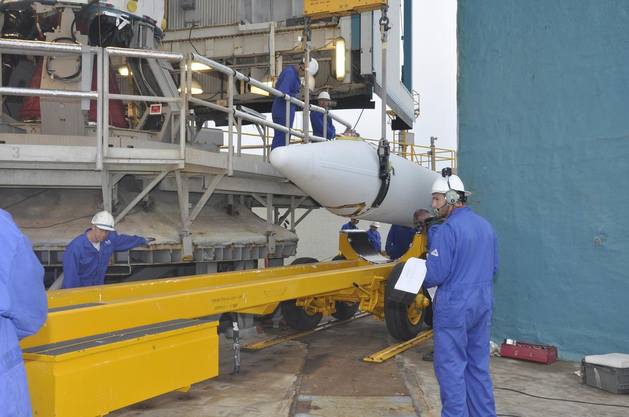VANDENBERG AIR FORCE BASE, Calif. – A solid rocket motor, or SRM, for NASA's Orbiting Carbon Observatory-2 mission, or OCO-2, is lifted from its transportation cradle upon its delivery to the mobile service tower at Space Launch Complex 2 on Vandenberg Air Force Base in California. Operations are underway to attach the Delta II rocket's three SRMs, known as graphite epoxy motors, to the rocket's first stage. OCO-2 is scheduled to launch into a polar Earth orbit aboard a United Launch Alliance Delta II 7320-10C rocket in July. Once in orbit, OCO-2 will collect precise global measurements of carbon dioxide in the Earth's atmosphere and provide scientists with a better idea of the chemical compound's impacts on climate change. Scientists will analyze this data to improve our understanding of the natural processes and human activities that regulate the abundance and distribution of this important atmospheric gas. To learn more about OCO-2, visit http://oco.jpl.nasa.gov. Photo credit: NASA/Randy Beaudoin