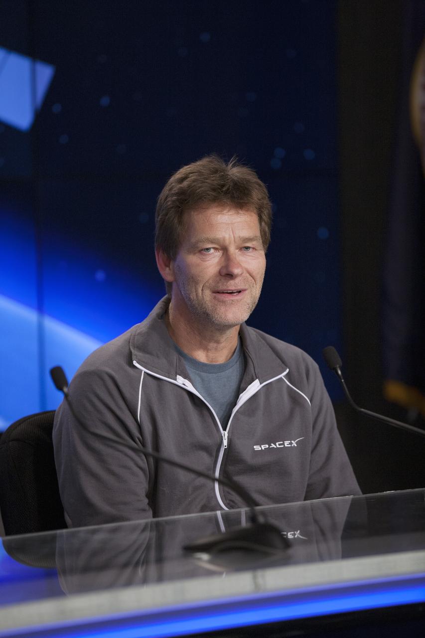 CAPE CANAVERAL, Fla. - SpaceX Vice President of Mission Assurance Hans Koenigsmann participates in a SpaceX-3 post-launch news conference in the NASA Press Site television auditorium at Kennedy Space Center in Florida.    SpaceX-3 launched at 3:25 p.m. EDT aboard a Falcon 9 rocket carrying a Dragon capsule from Space Launch Complex 40 on Cape Canaveral Air Force Station. Dragon is making its fourth trip to the space station. The SpaceX-3 mission, carrying almost 2.5 tons of supplies, technology and science experiments, is the third of 12 flights through a $1.6 billion NASA Commercial Resupply Services contract. Dragon's cargo will support more than 150 experiments that will be conducted during the station's Expeditions 39 and 40.  For more information, visit http://www.nasa.gov/mission_pages/station/structure/launch/index.html.  Photo credit: NASA/Kim Shiflett