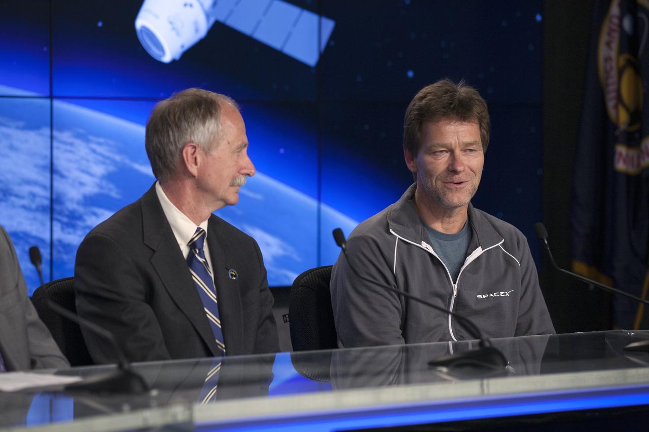 CAPE CANAVERAL, Fla. - Participating in a SpaceX-3 post-launch news conference in the NASA Press Site television auditorium at Kennedy Space Center in Florida are, from left, William Gersteinmeier, NASA associate administrator for Human Exploration and Operations, and Hans Koenigsmann, SpaceX vice president of Mission Assurance. SpaceX CEO and chief designer Elon Musk participated in the conference by telephone.    SpaceX-3 launched at 3:25 p.m. EDT aboard a Falcon 9 rocket carrying a Dragon capsule from Space Launch Complex 40 on Cape Canaveral Air Force Station. Dragon is making its fourth trip to the space station. The SpaceX-3 mission, carrying almost 2.5 tons of supplies, technology and science experiments, is the third of 12 flights through a $1.6 billion NASA Commercial Resupply Services contract. Dragon's cargo will support more than 150 experiments that will be conducted during the station's Expeditions 39 and 40.  For more information, visit http://www.nasa.gov/mission_pages/station/structure/launch/index.html.  Photo credit: NASA/Kim Shiflett